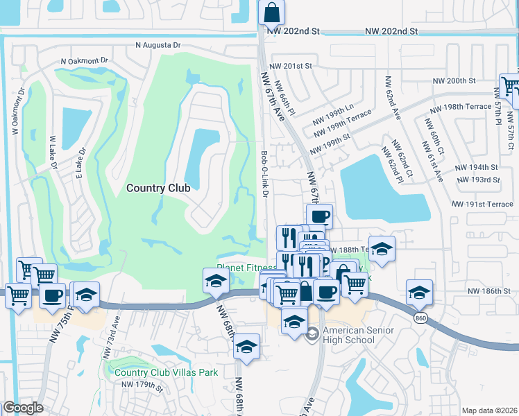 map of restaurants, bars, coffee shops, grocery stores, and more near 19066 Bob-O-Link Drive in Hialeah