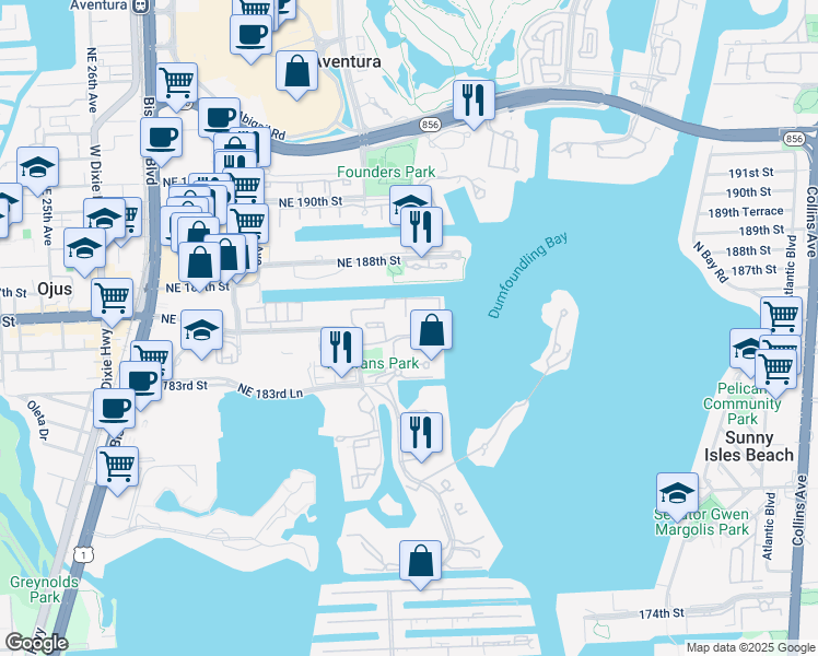 map of restaurants, bars, coffee shops, grocery stores, and more near 3255 Northeast 184th Street in North Miami Beach