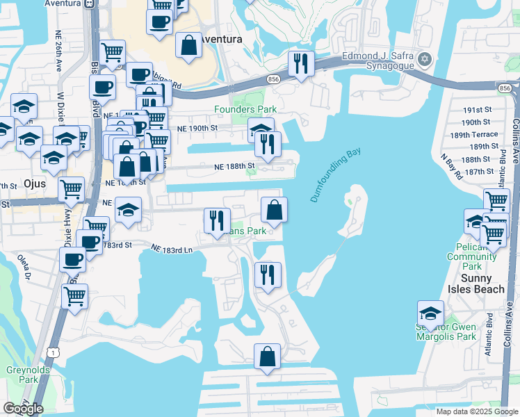 map of restaurants, bars, coffee shops, grocery stores, and more near 3255 Northeast 184th Street in North Miami Beach