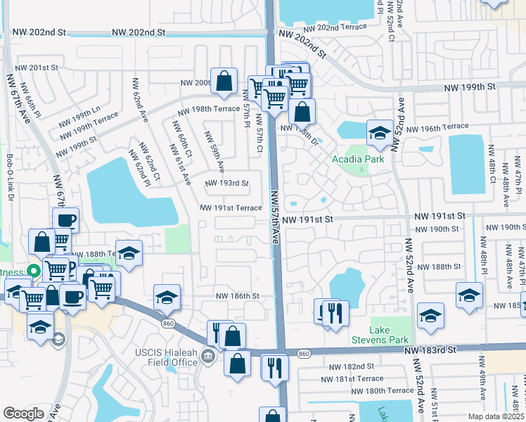 map of restaurants, bars, coffee shops, grocery stores, and more near 5720 Northwest 191st Terrace in Hialeah