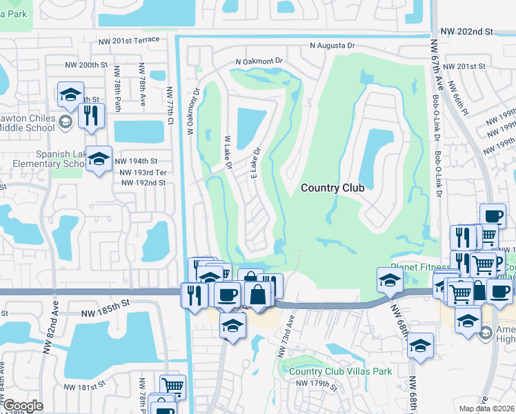 map of restaurants, bars, coffee shops, grocery stores, and more near 19023 West Lake Drive in Hialeah