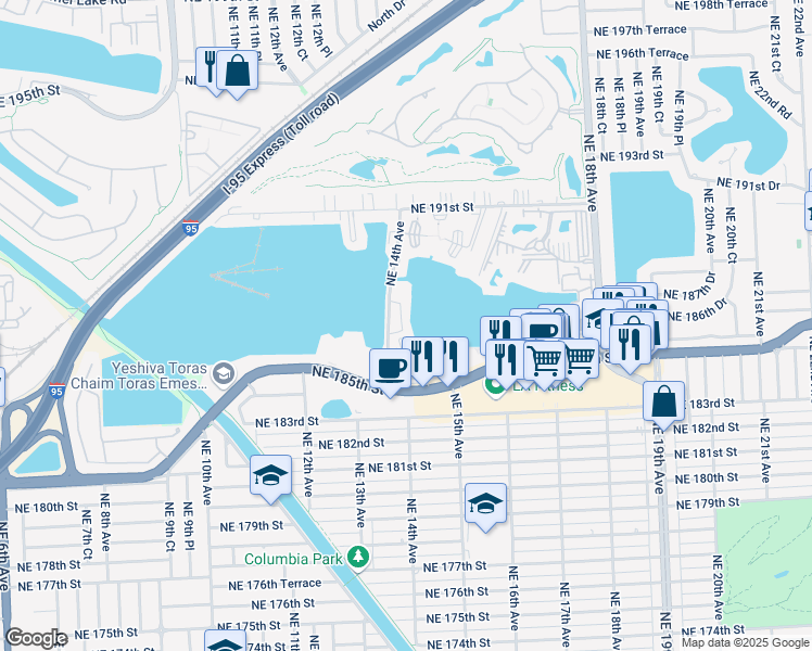 map of restaurants, bars, coffee shops, grocery stores, and more near 18555 Northeast 14th Avenue in North Miami Beach