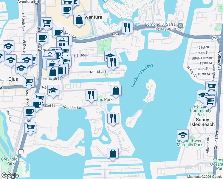 map of restaurants, bars, coffee shops, grocery stores, and more near 3255 Northeast 184th Street in North Miami Beach