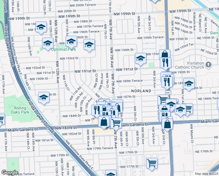 map of restaurants, bars, coffee shops, grocery stores, and more near 18821 Northwest 7th Court in Miami