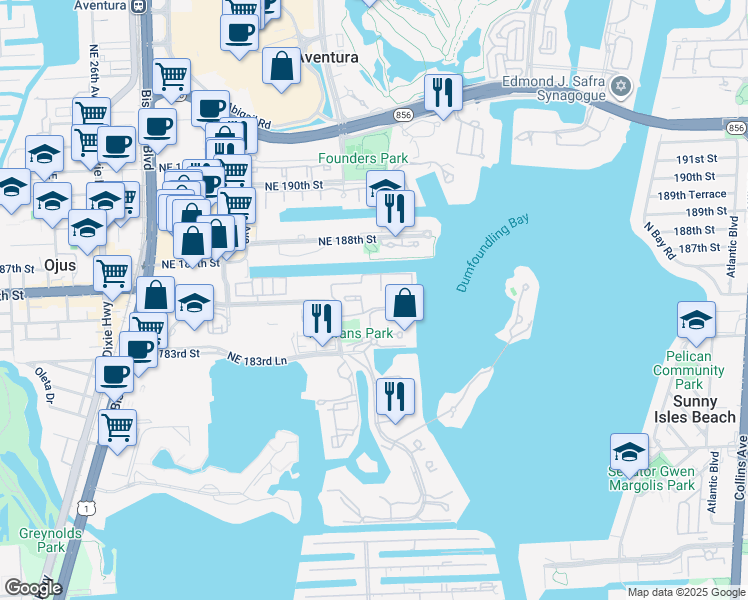 map of restaurants, bars, coffee shops, grocery stores, and more near 3215 Northeast 184th Street in Aventura