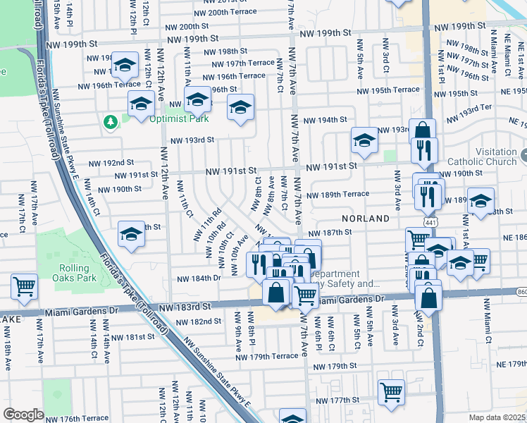map of restaurants, bars, coffee shops, grocery stores, and more near 18720 Northwest 8th Avenue in Miami
