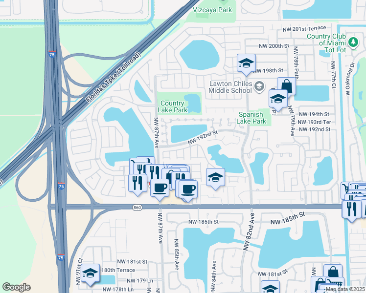 map of restaurants, bars, coffee shops, grocery stores, and more near 8499 Northwest 191st Street in Hialeah