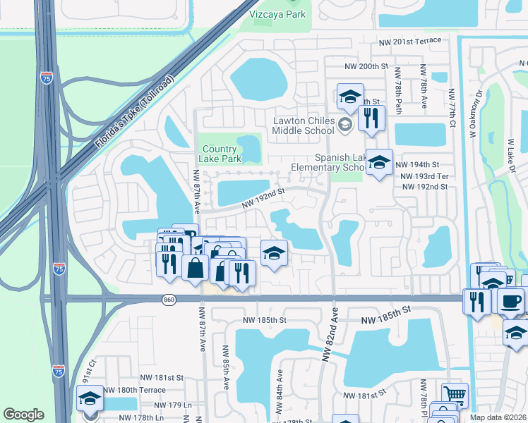 map of restaurants, bars, coffee shops, grocery stores, and more near 8467 Northwest 191st Street in Hialeah