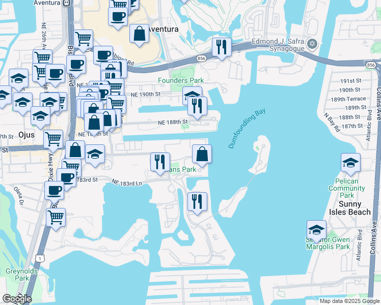 map of restaurants, bars, coffee shops, grocery stores, and more near 3215 Northeast 184th Street in Aventura