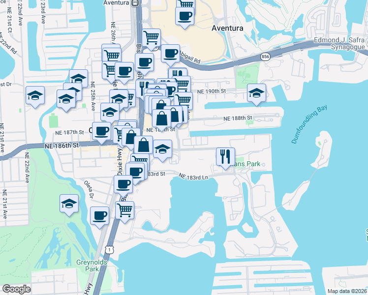 map of restaurants, bars, coffee shops, grocery stores, and more near 2757 Northeast 184th Way in Aventura