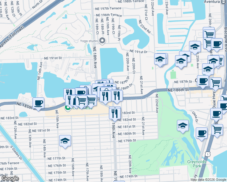 map of restaurants, bars, coffee shops, grocery stores, and more near 1900 Northeast 186th Drive in North Miami Beach