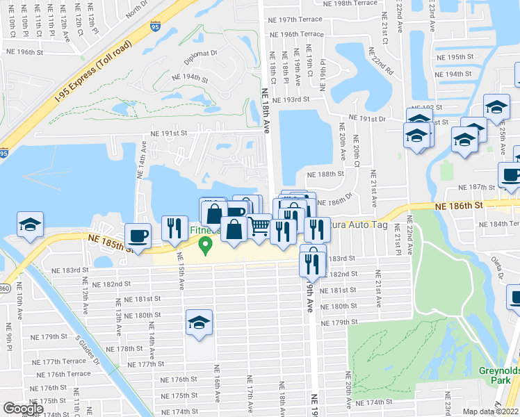 map of restaurants, bars, coffee shops, grocery stores, and more near 18558 Northeast 18th Avenue in North Miami Beach