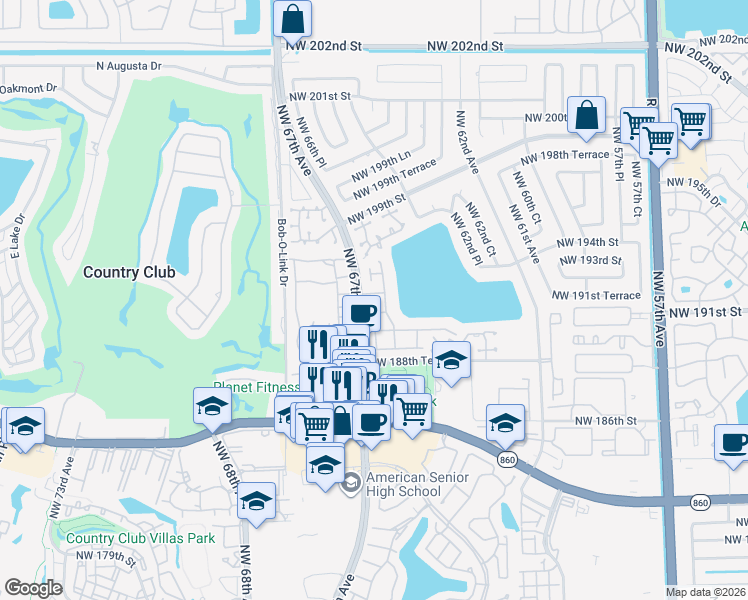 map of restaurants, bars, coffee shops, grocery stores, and more near in Country Club