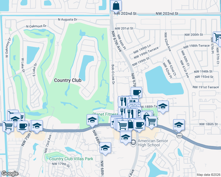 map of restaurants, bars, coffee shops, grocery stores, and more near 19066 Bobolink Drive in Hialeah