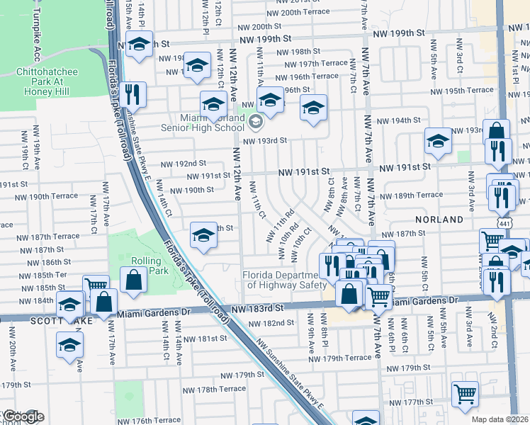 map of restaurants, bars, coffee shops, grocery stores, and more near 18825 Northwest 11th Court in Miami Gardens