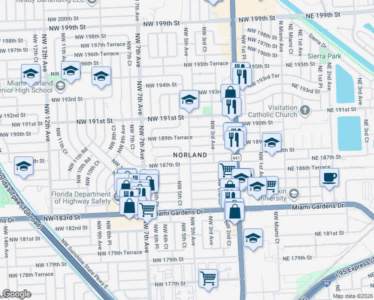 map of restaurants, bars, coffee shops, grocery stores, and more near 18830 Northwest 5th Avenue in Miami