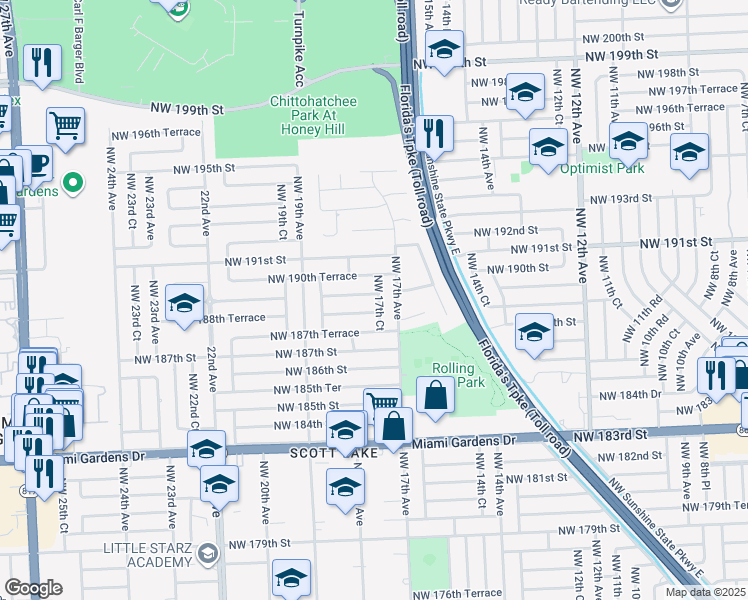 map of restaurants, bars, coffee shops, grocery stores, and more near 1730 Northwest 189th Terrace in Miami Gardens