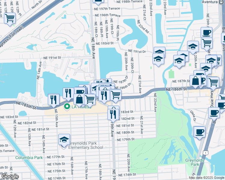 map of restaurants, bars, coffee shops, grocery stores, and more near 1900 Northeast 186th Drive in North Miami Beach
