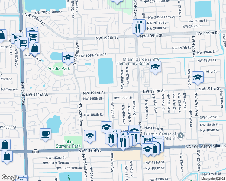 map of restaurants, bars, coffee shops, grocery stores, and more near 4865 Northwest 191st Street in Miami Gardens