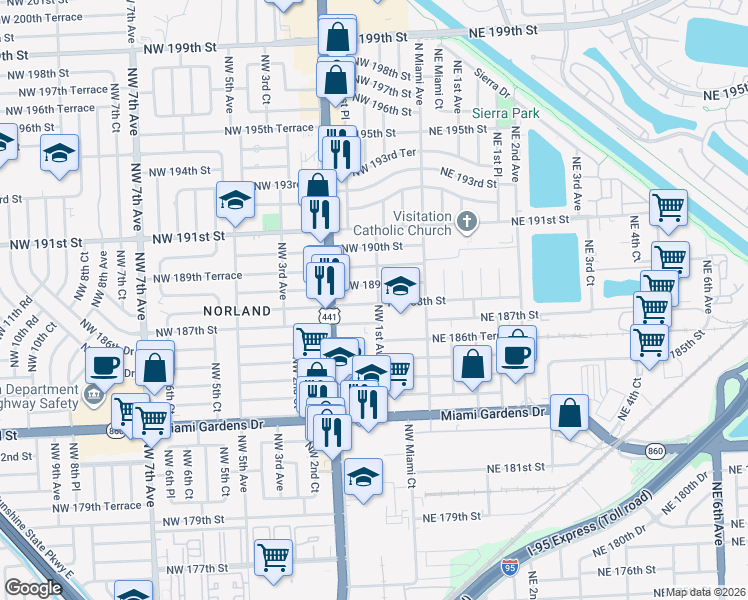 map of restaurants, bars, coffee shops, grocery stores, and more near 101 Northeast 188th Street in Miami Gardens