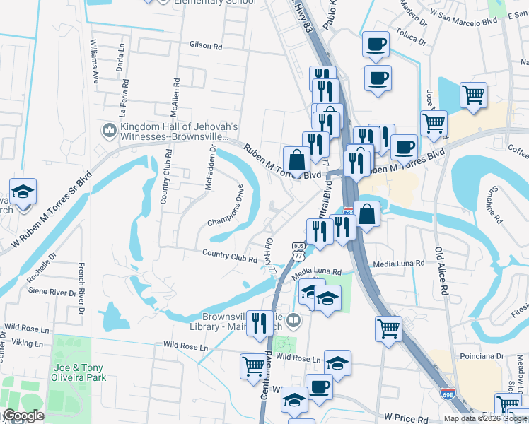 map of restaurants, bars, coffee shops, grocery stores, and more near 714-1 Continental Drive in Brownsville