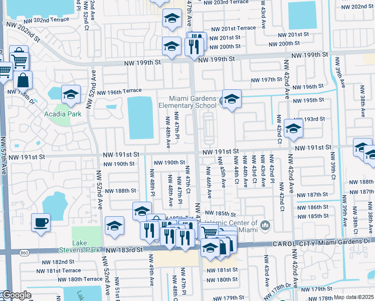 map of restaurants, bars, coffee shops, grocery stores, and more near 4735 Northwest 191st Street in Miami Gardens