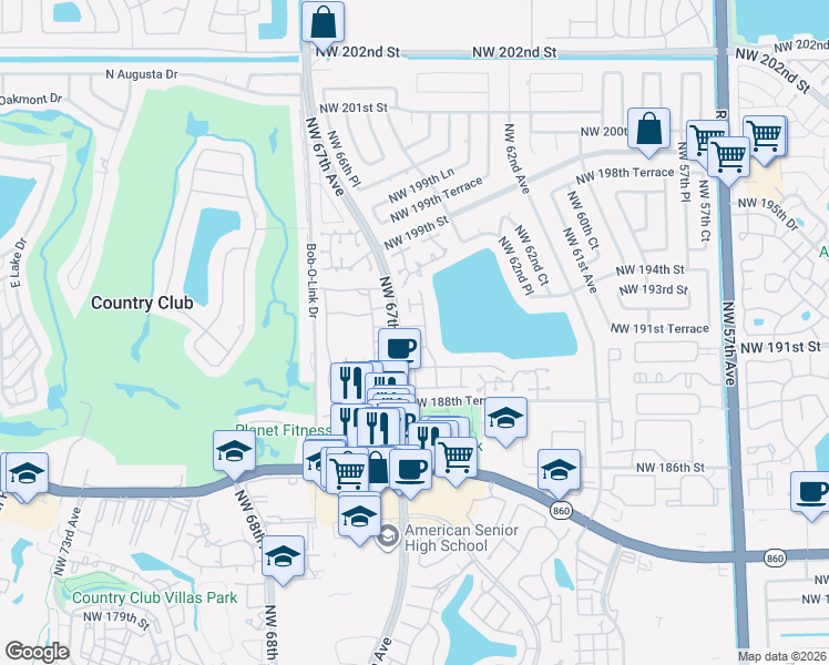 map of restaurants, bars, coffee shops, grocery stores, and more near in Country Club