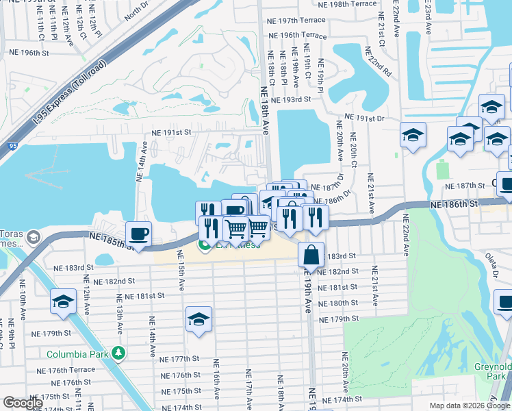map of restaurants, bars, coffee shops, grocery stores, and more near 18558 Northeast 18th Avenue in North Miami Beach