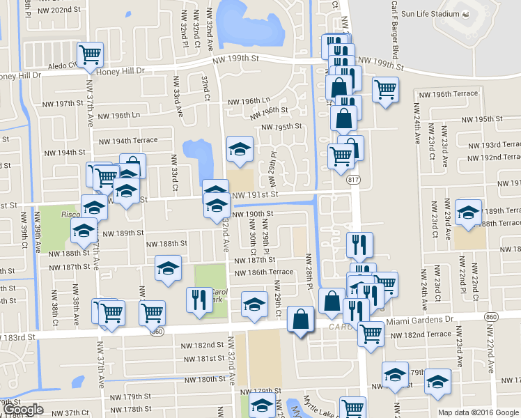 map of restaurants, bars, coffee shops, grocery stores, and more near 2981 Northwest 190th Street in Miami Gardens