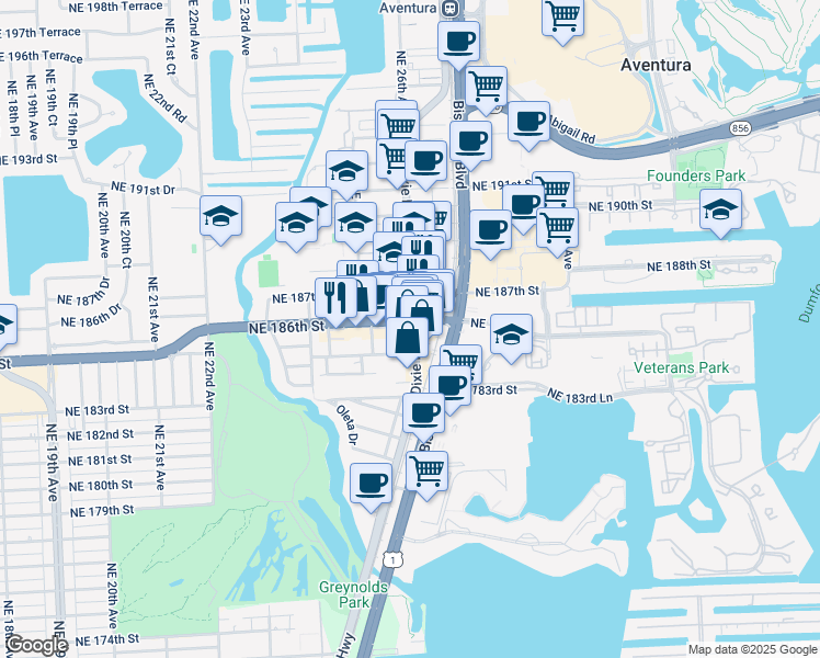 map of restaurants, bars, coffee shops, grocery stores, and more near 2590 Northeast 186th Street in North Miami Beach