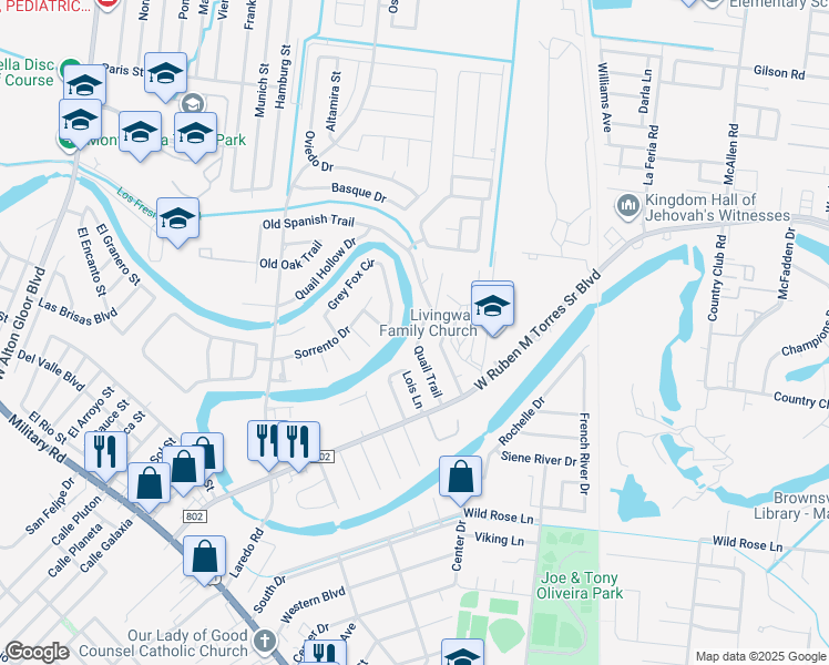 map of restaurants, bars, coffee shops, grocery stores, and more near 2451 Quail Trail in Brownsville