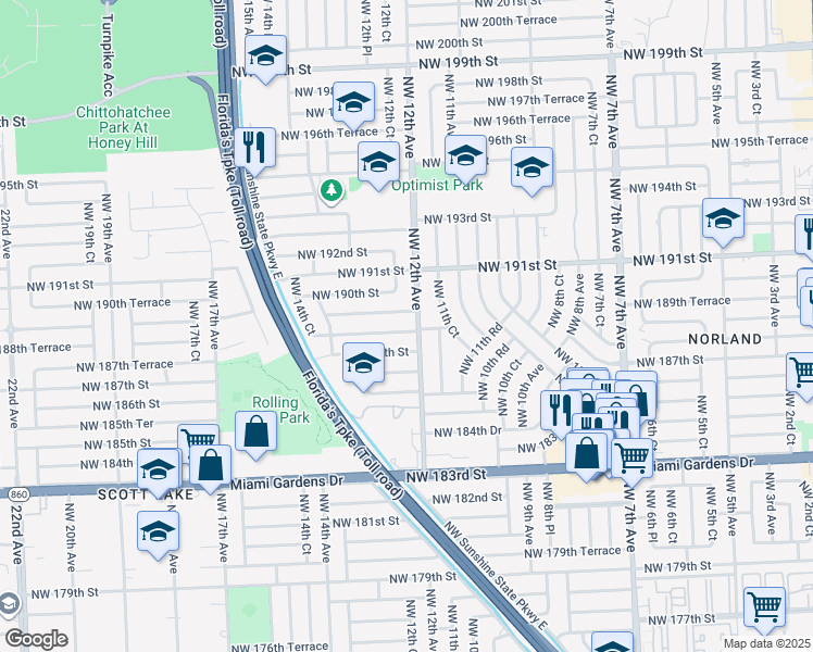 map of restaurants, bars, coffee shops, grocery stores, and more near in Miami Gardens