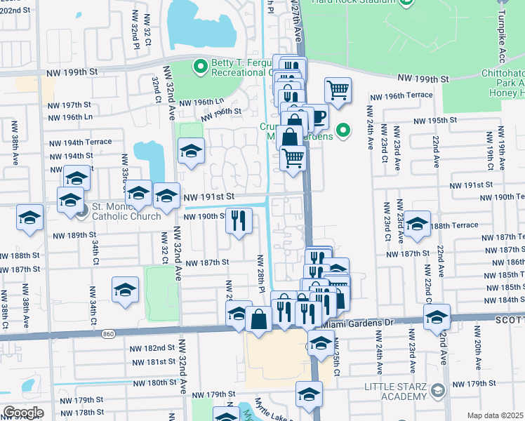 map of restaurants, bars, coffee shops, grocery stores, and more near 19001 Northwest 28th Place in Miami Gardens