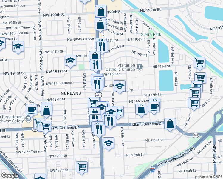 map of restaurants, bars, coffee shops, grocery stores, and more near 101 Northeast 188th Street in Miami Gardens