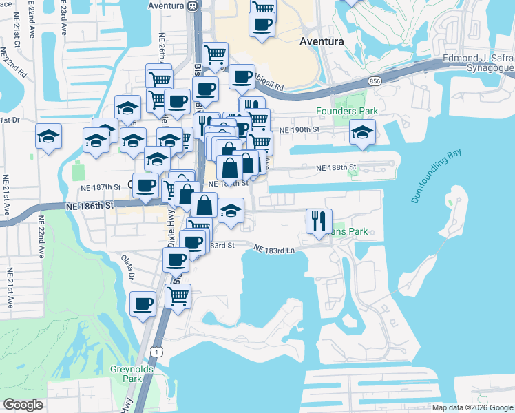 map of restaurants, bars, coffee shops, grocery stores, and more near 2757 Northeast 184th Way in Aventura