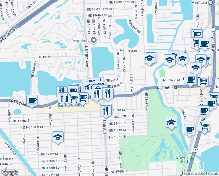 map of restaurants, bars, coffee shops, grocery stores, and more near 1960 Northeast 186th Drive in North Miami Beach