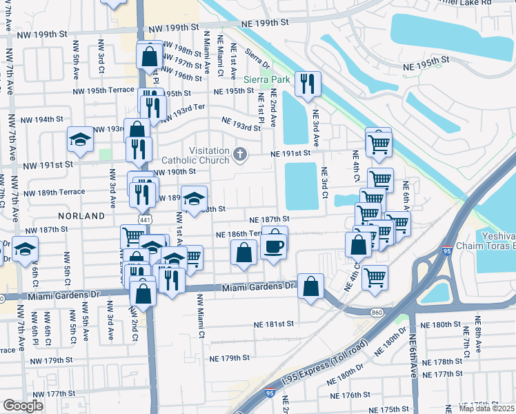 map of restaurants, bars, coffee shops, grocery stores, and more near 120 Northeast 188th Street in Miami