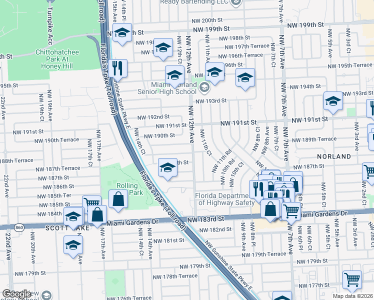 map of restaurants, bars, coffee shops, grocery stores, and more near in Miami Gardens