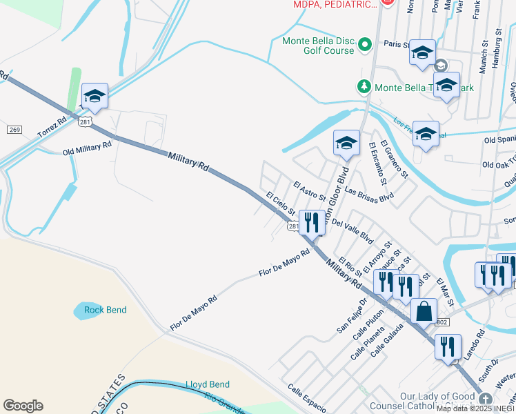 map of restaurants, bars, coffee shops, grocery stores, and more near 2207 U.S. 281 in Brownsville