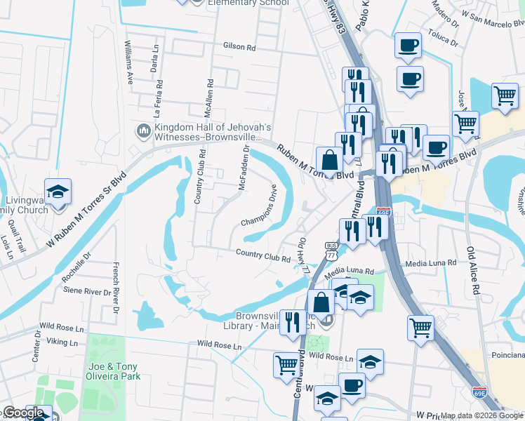 map of restaurants, bars, coffee shops, grocery stores, and more near 440 Champions Drive in Brownsville