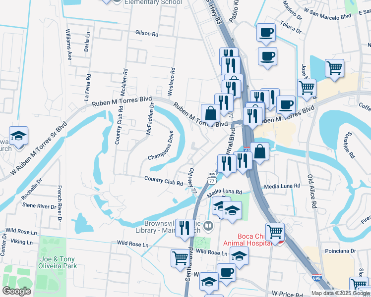 map of restaurants, bars, coffee shops, grocery stores, and more near 714-1 Continental Drive in Brownsville