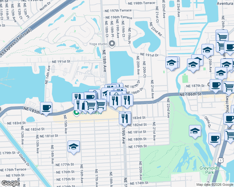 map of restaurants, bars, coffee shops, grocery stores, and more near 1900 Northeast 186th Drive in North Miami Beach