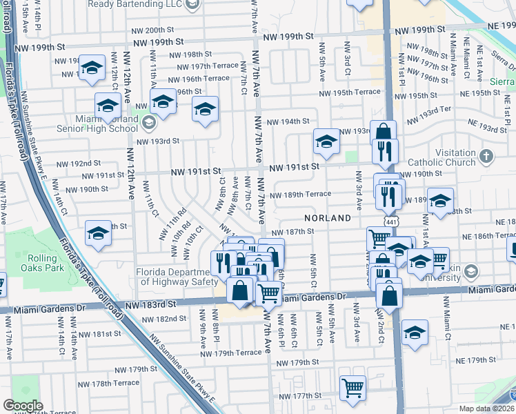 map of restaurants, bars, coffee shops, grocery stores, and more near 18821 Northwest 7th Court in Miami