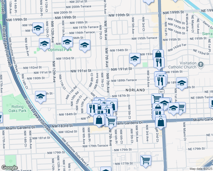map of restaurants, bars, coffee shops, grocery stores, and more near 18821 Northwest 7th Court in Miami