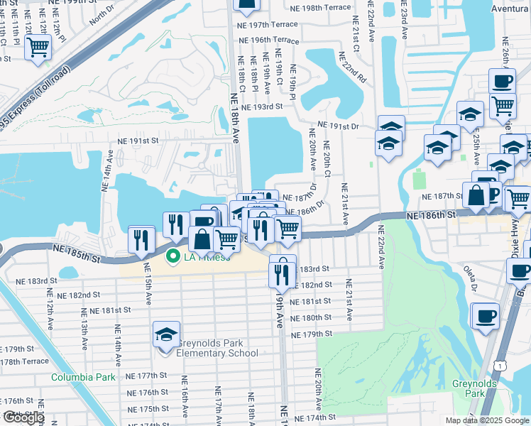 map of restaurants, bars, coffee shops, grocery stores, and more near 1900 Northeast 186th Drive in North Miami Beach