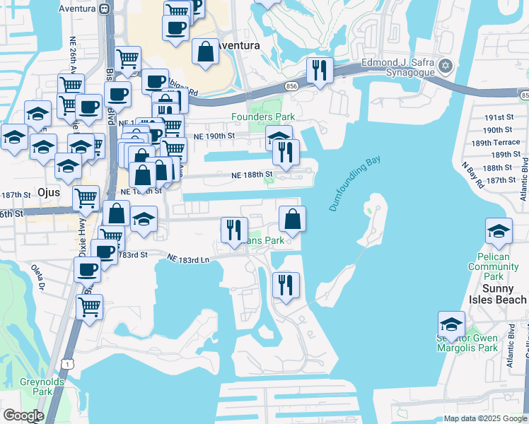 map of restaurants, bars, coffee shops, grocery stores, and more near 3215 Northeast 184th Street in Aventura