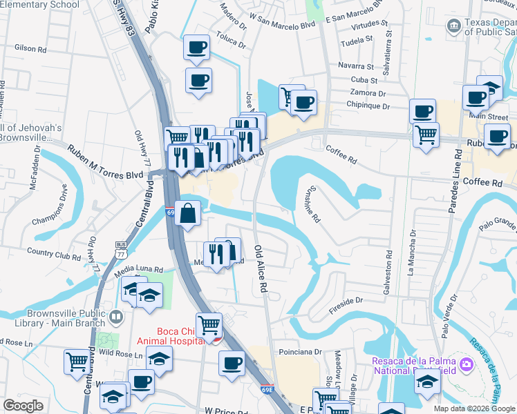 map of restaurants, bars, coffee shops, grocery stores, and more near 7 Langan Court in Brownsville