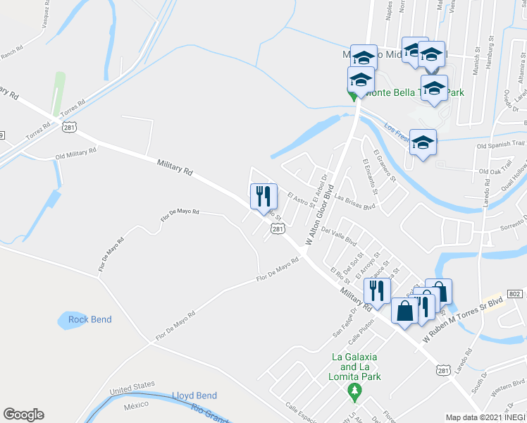 map of restaurants, bars, coffee shops, grocery stores, and more near 2044 El Cielo Street in Brownsville
