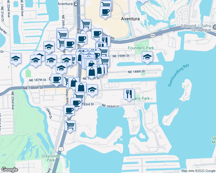 map of restaurants, bars, coffee shops, grocery stores, and more near 2104 Northeast 185th Street in Aventura