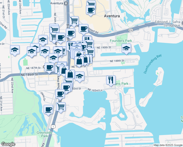 map of restaurants, bars, coffee shops, grocery stores, and more near 2757 Northeast 184th Way in Aventura